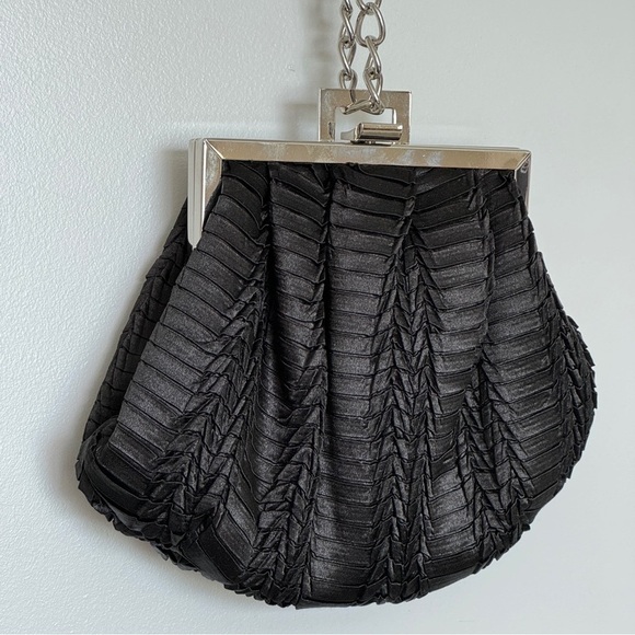 Black Satin Evening Bag Silver Hardware Chain Strap Wristlet Shoulder Purse - Picture 9 of 12